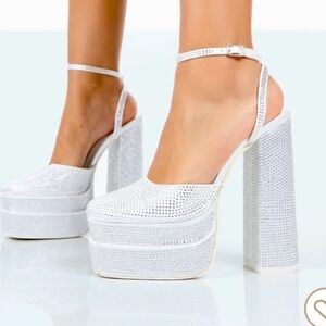 - Rhinestone crystals white satin sandals platform heel closed toes .white satin